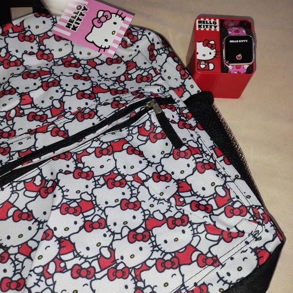 hello kitty lcd watch backpack set Sanrio Kids  Red Polka Dot Strap, Iridescent Bezel, Digital Display, Cute Printed Dial, Adjustable Fit, Collectible Tin Box, Perfect for Girls  Fits Wrists 5.5 to The metallic pink watch case features a stone Goodbye 3rd grade & Hello